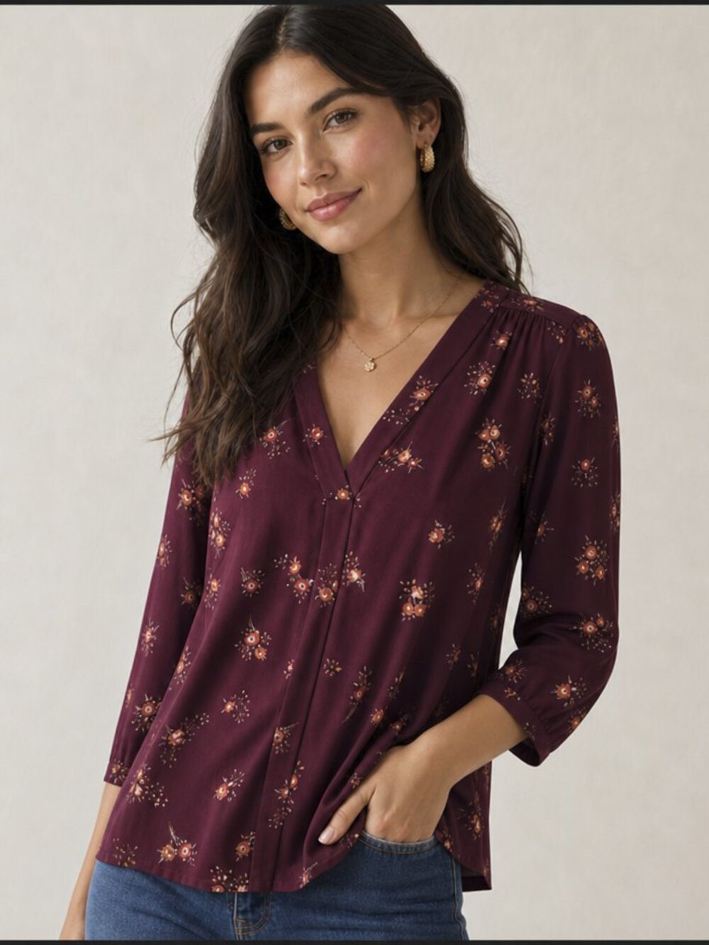 Croft & Barrow Burgundy Floral V-Neck Pullover Blouse 3/4 Sleeve